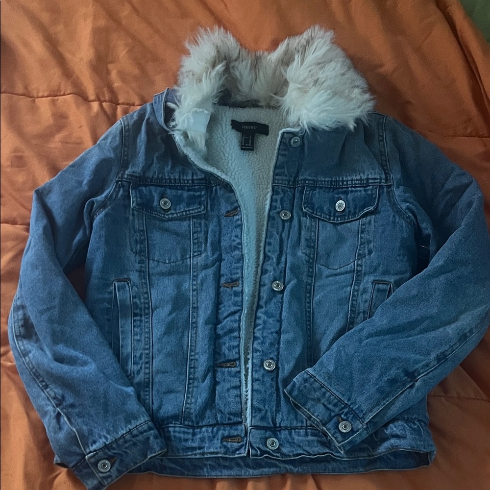 Forever 21 Blue Jean Jacket with White Faux Fur Collar